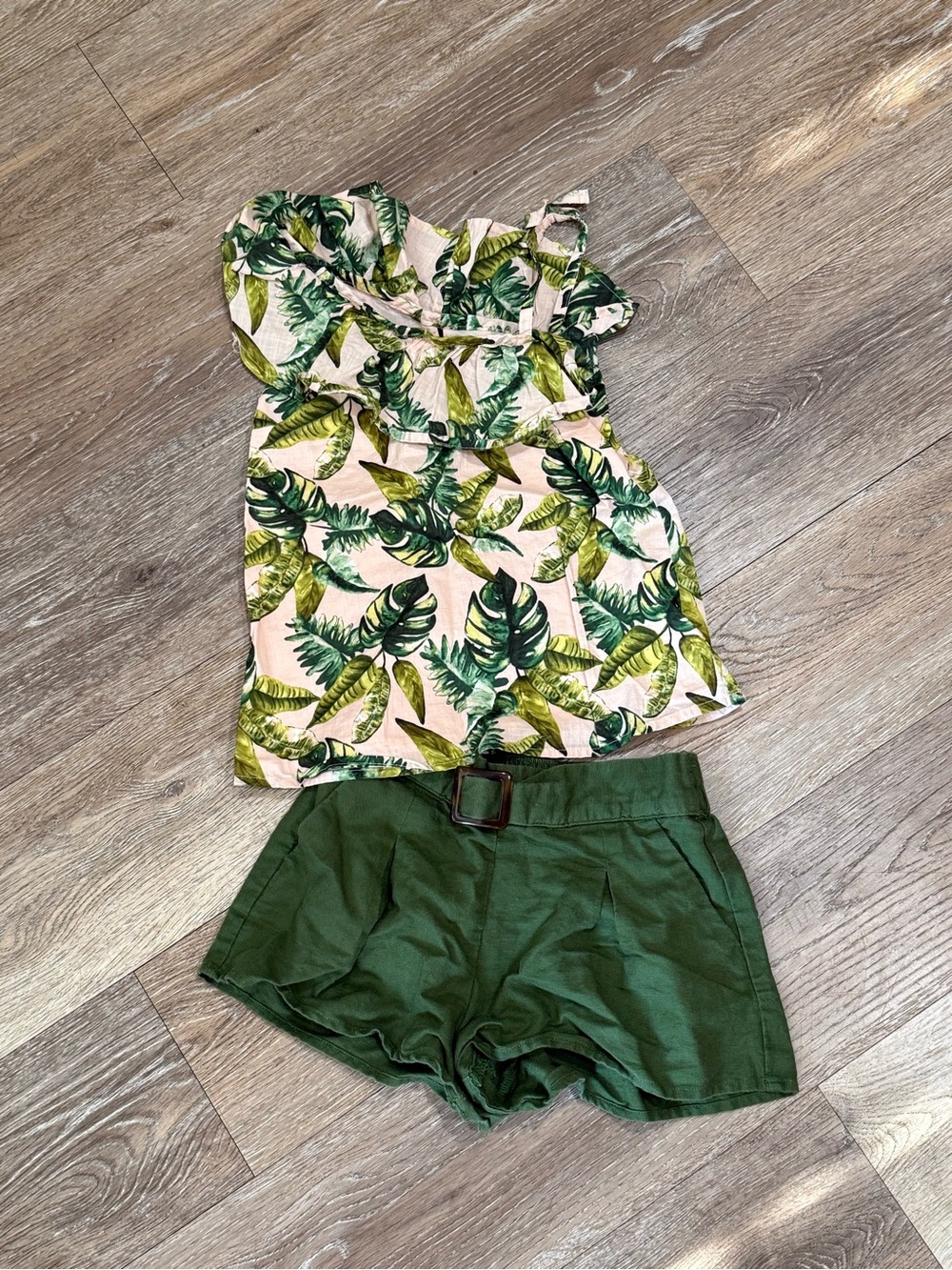 Janie and Jack Pink Tropical Leaf Ruffle Tank with Green Shorts